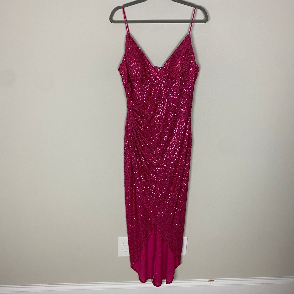Betsy & Adam Sequin Gown Dress Women‎ 14 Hot Pink Formal Ruched High Low